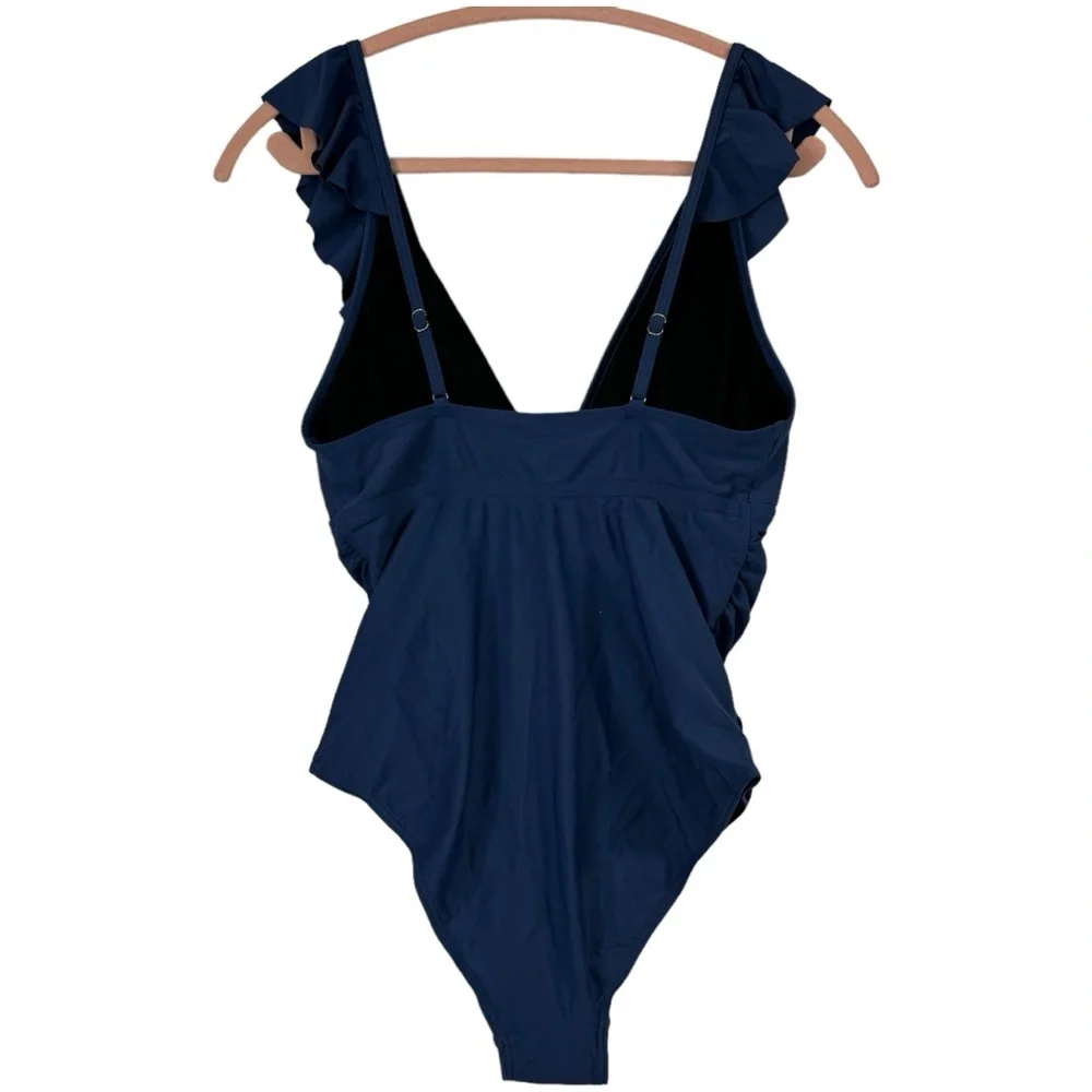 Women’s Size M One Piece Swimsuit Dark Blue Deep V Neck Ruffles Ruching NWOT - Picture 4 of 8
